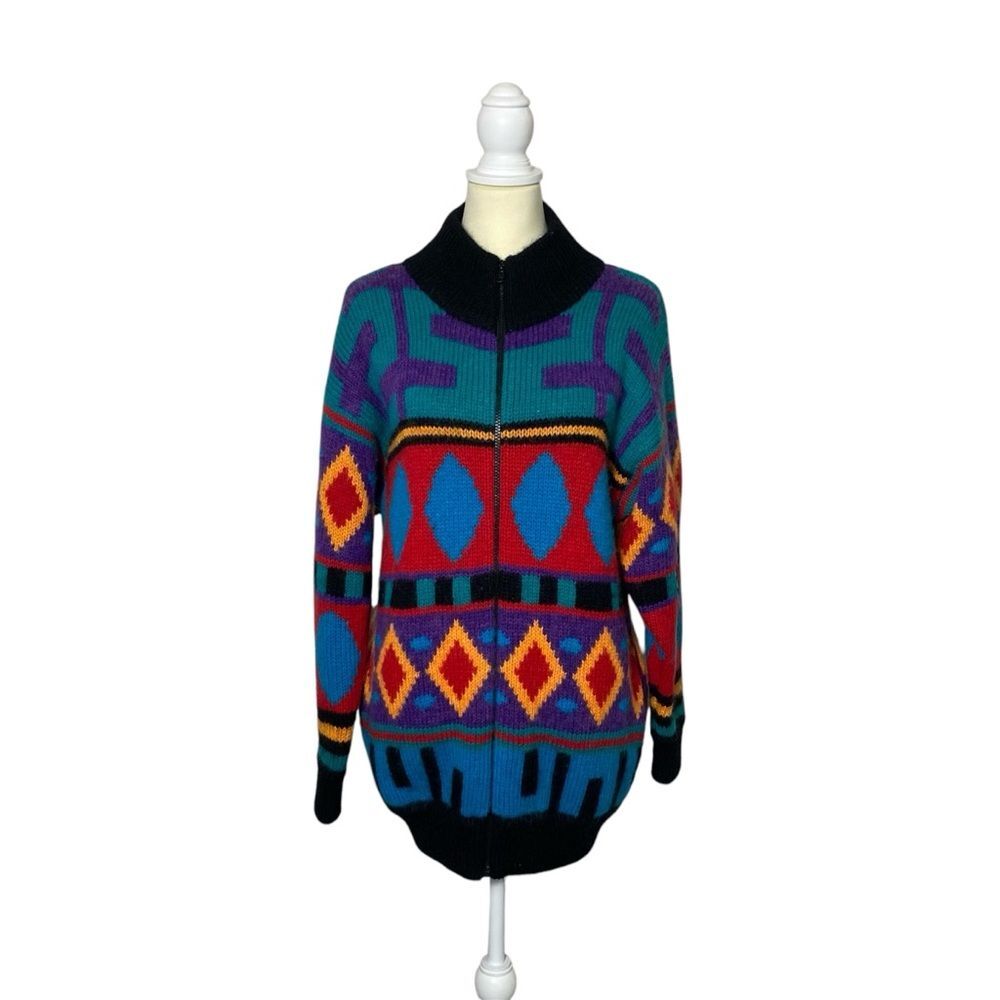Vintage IB Diffusion Multi-Color Geometric Wool Knit Full Zip Cardigan Size XS